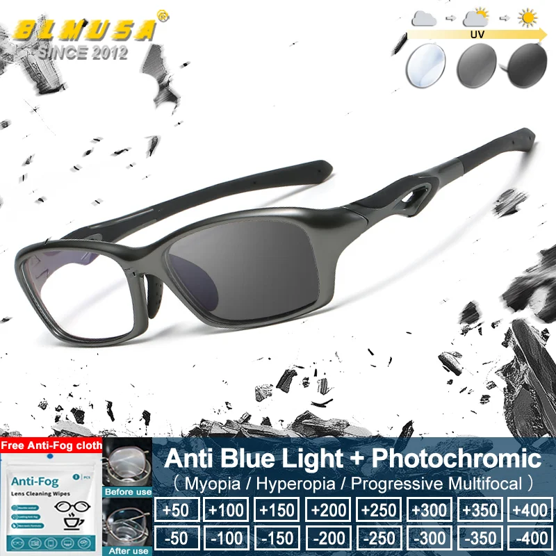 

BLMUSA (L) Aviator Style Sporty Square Frame Anti Blue Ray Photochromic Myopia Glasses Men Women Prescription Reading Eyeglasses