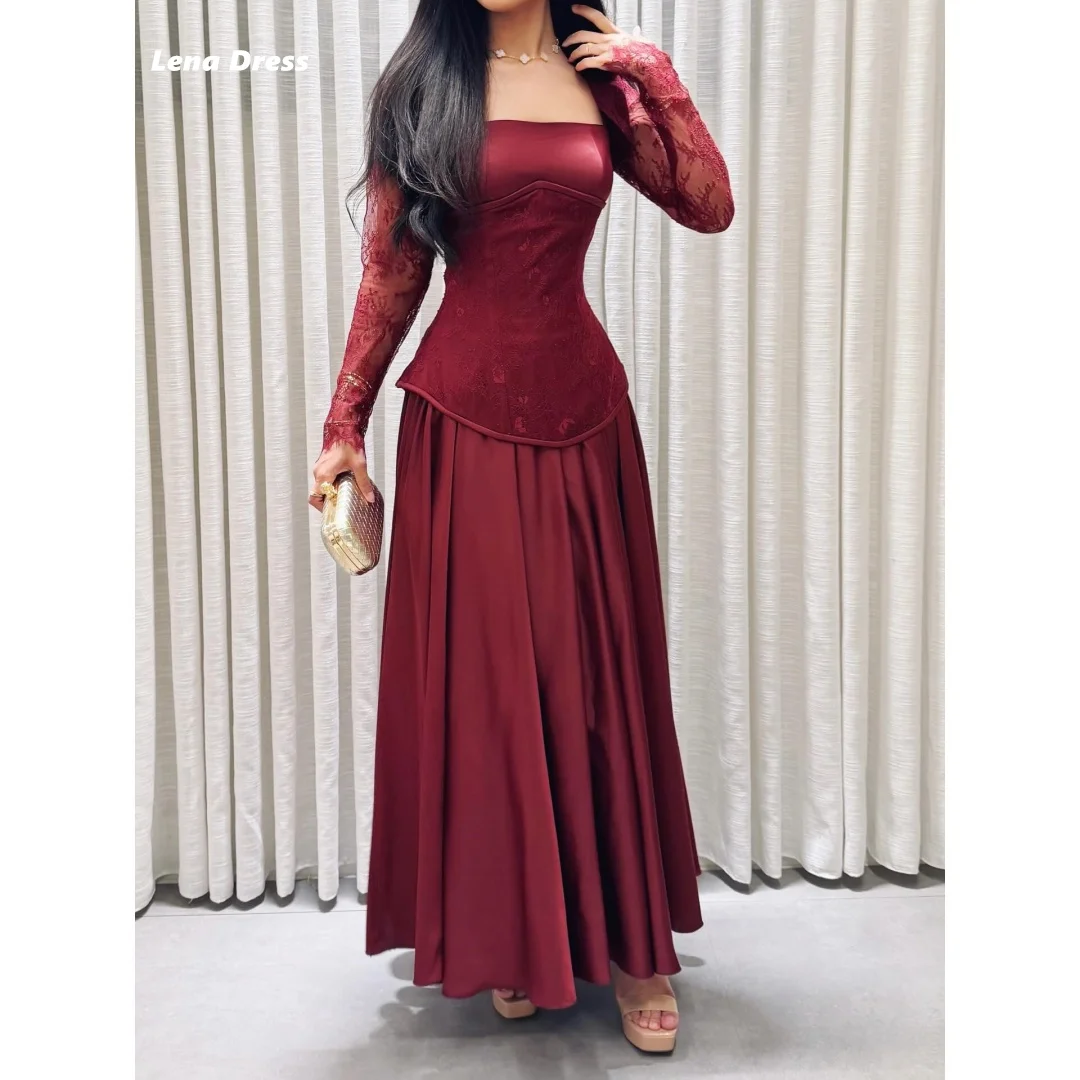 

Lena Burgundy Elegant Night Dresses for Special Occasions Long Sleeves Square Collar Prom Dress Customized Lace Ball Gowns Party