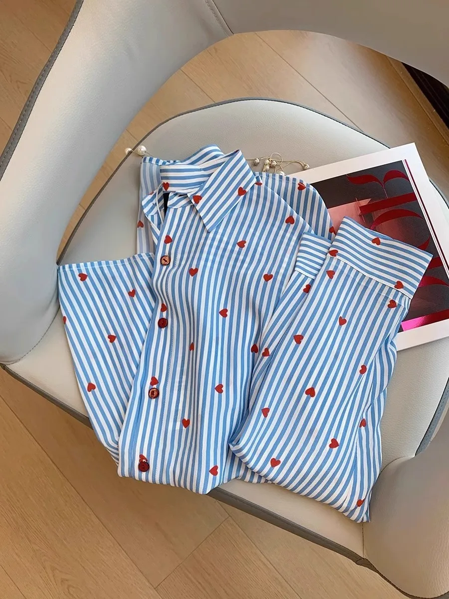 

Retro Korean Love Print Blue Striped irt Men Women Spring Autumn Commute Simple Loose Thin Collar irt Casual Sle