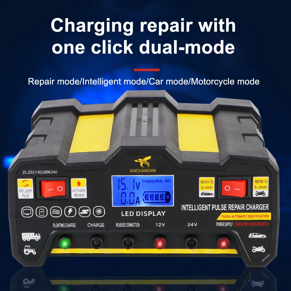 Intelligent Pulse Repair Battery Charger For Wet Dry Lead Acid LCD Display Full Automatic Car Battery Charger EU Plug 300AH 220W