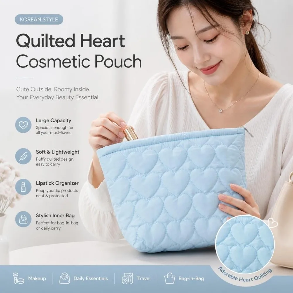Large Capacity Travel Makeup Organizer Bag Lightweight Soft Padded Quilted Cosmetic Pouch Heart Zipper