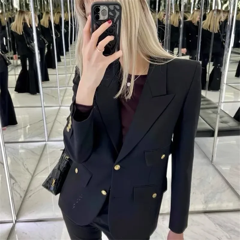 Spring Autumn Suit Jacket Women 2024 New Fashion Loose Casual Coat Blazer Black Pure Colour Temperament Button Outerwear Female