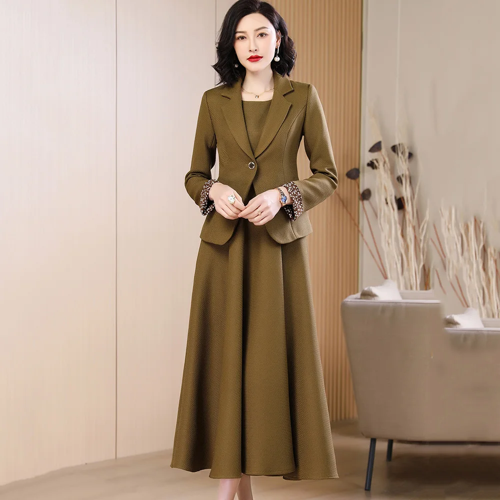 New Women Elegant Office Lady Dress Suits Spring Autumn Fashion Single Button Slim Blazer and O-Neck Sleeveless Long Dress