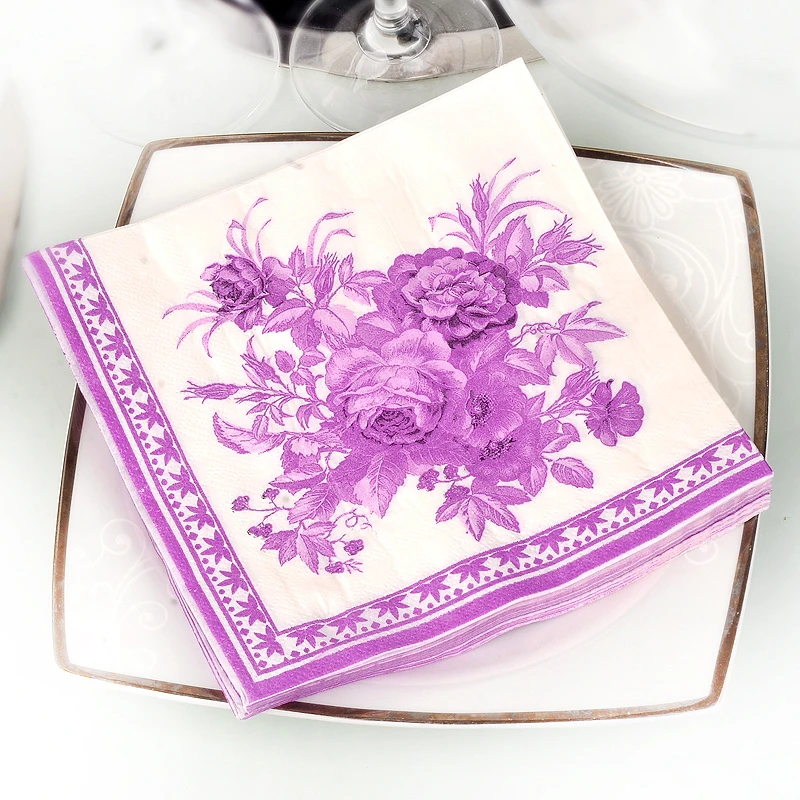 Flower Arrangement Paper Guardanapo, Flower Arrangement Paper, Roxo, clássico, lindo, colorido, impresso, casamento, Placemat, copo de vinho, 10 pcs, 20pcs por pacote