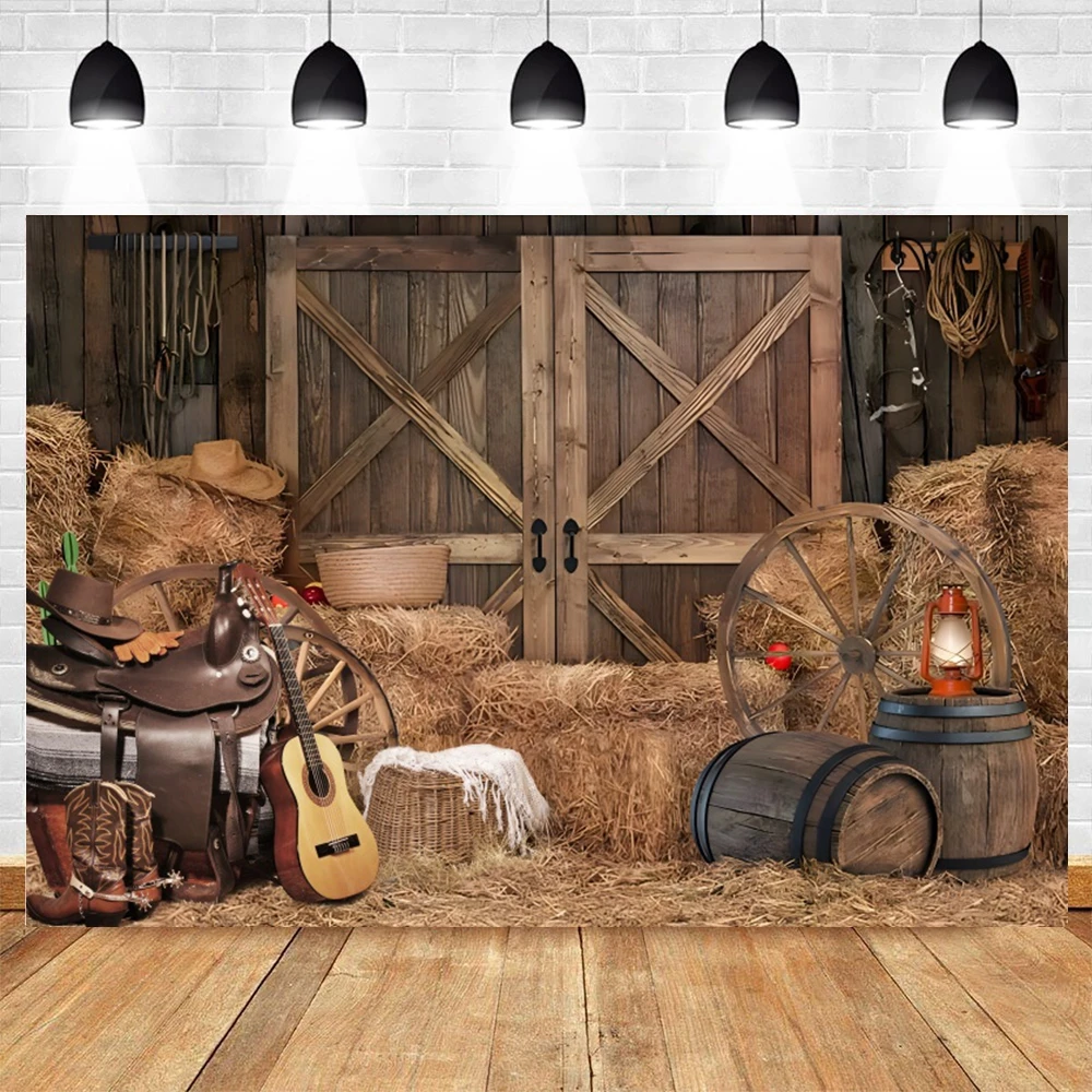 Western Cowboy Barn Farm Horse Photography Backdrop Haystack Wood House Door Birthday Party Decor Background Photo Studio Props