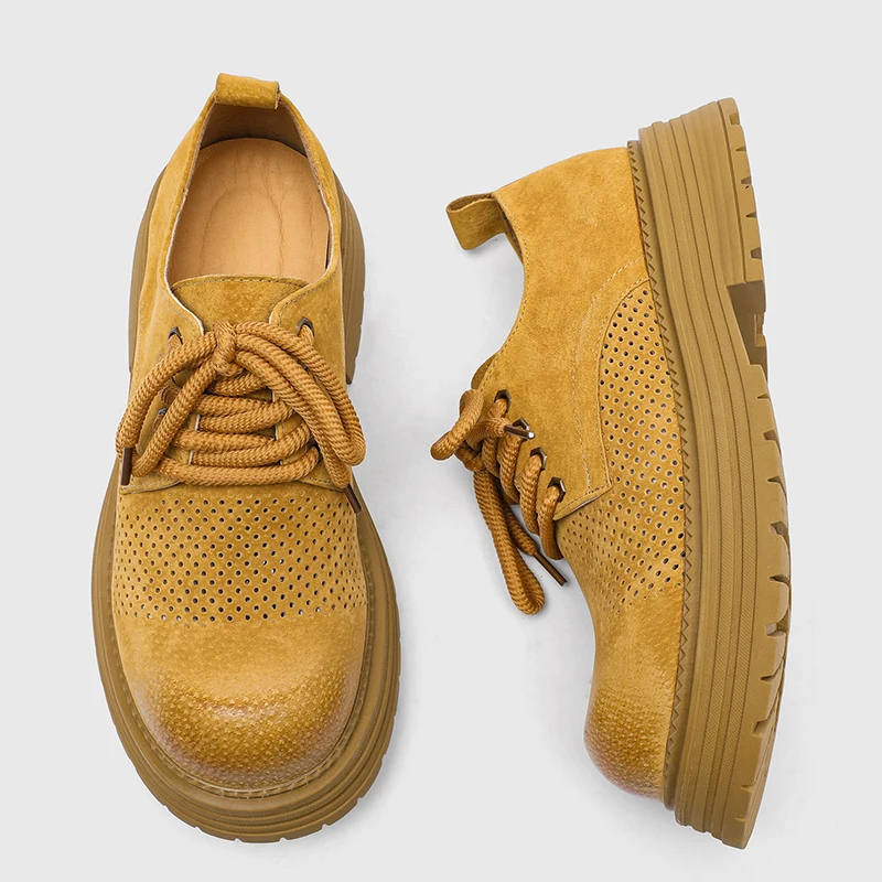 

Men New Hollowed Out Perforated Breathable Derby Shoes Summer Casual Sports Anti Slip Height Increasing Big Yellow Shoes