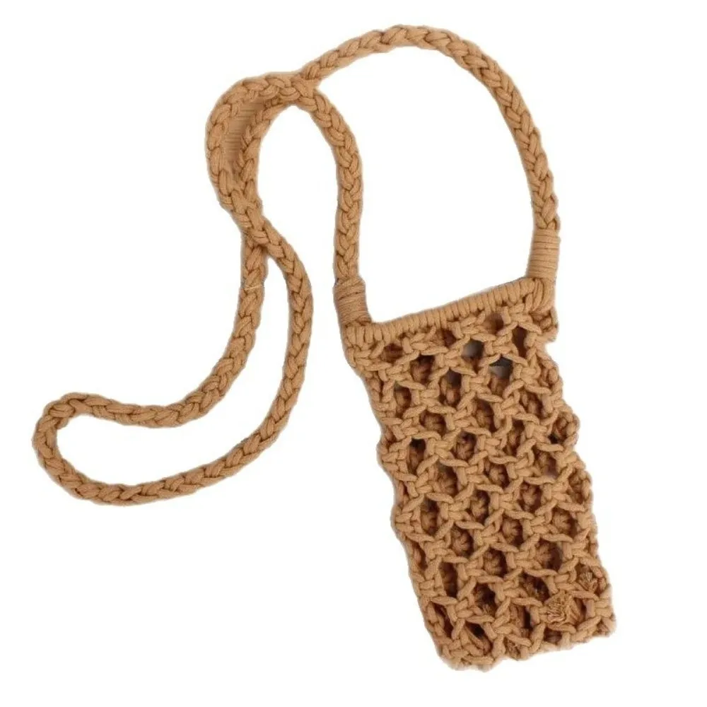 Solid Color Crossbody Phone Bag Crochet Design Hollow-out Woven Shoulder Handbag Lightweight Braided Strap Braided Crossbody Bag