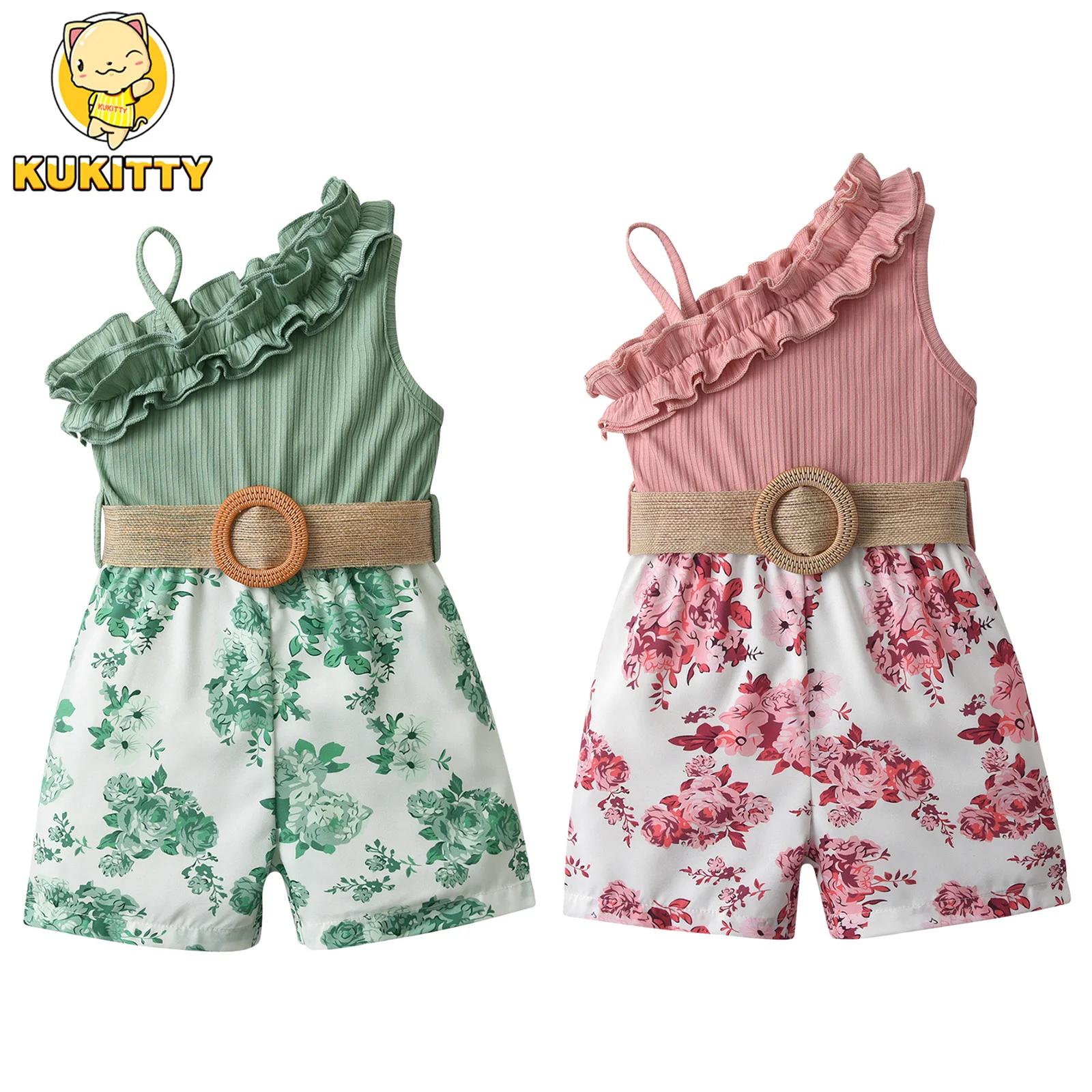 Nuovissimi bambini ragazze tute vestiti Casual estate nuovi bambini bambino moda stampa floreale tuta con cintura abiti 1-5Y