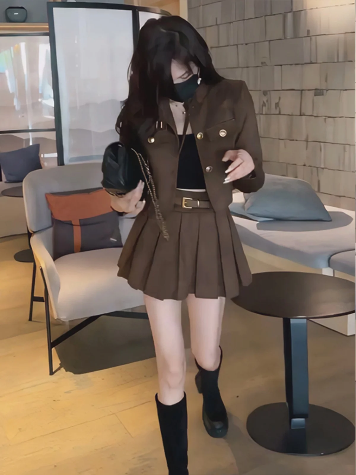 British Style Short Jacket And Pleated  Skirt Women's Fashion Set Autumn 2024 Polyester Fiber High Waist Button Closure