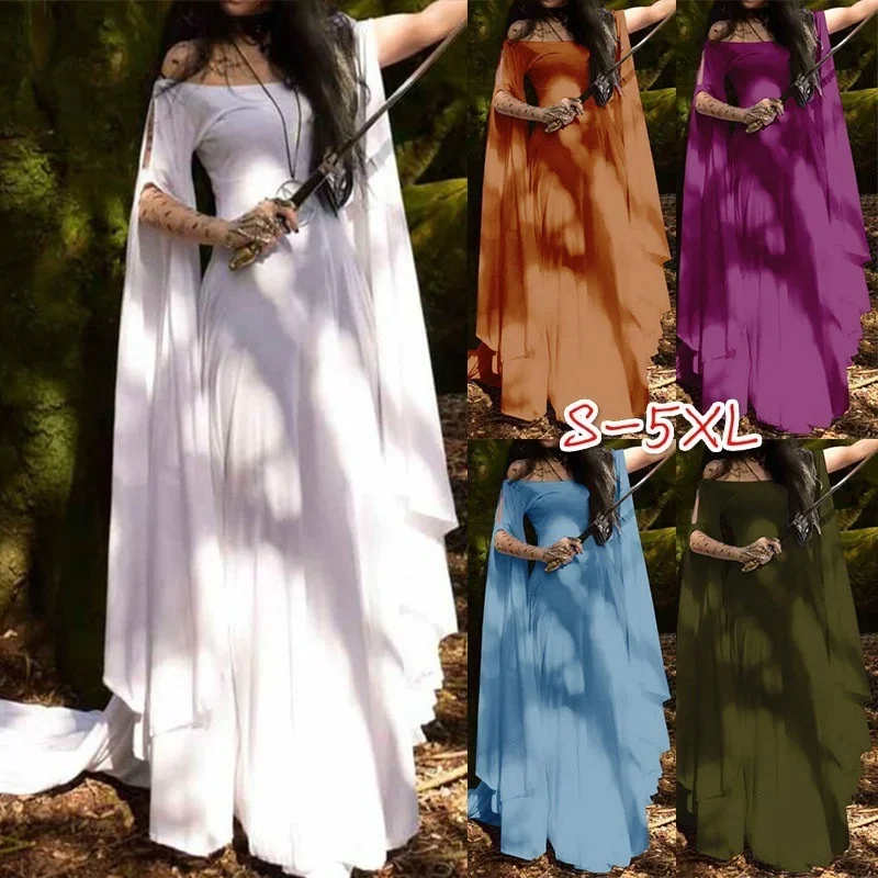 

Halloween Cosplay Costume Women Medieval Style Elf Dress Loose Casual Long Sleeve 5Color Elegant Elf Queen Dresses