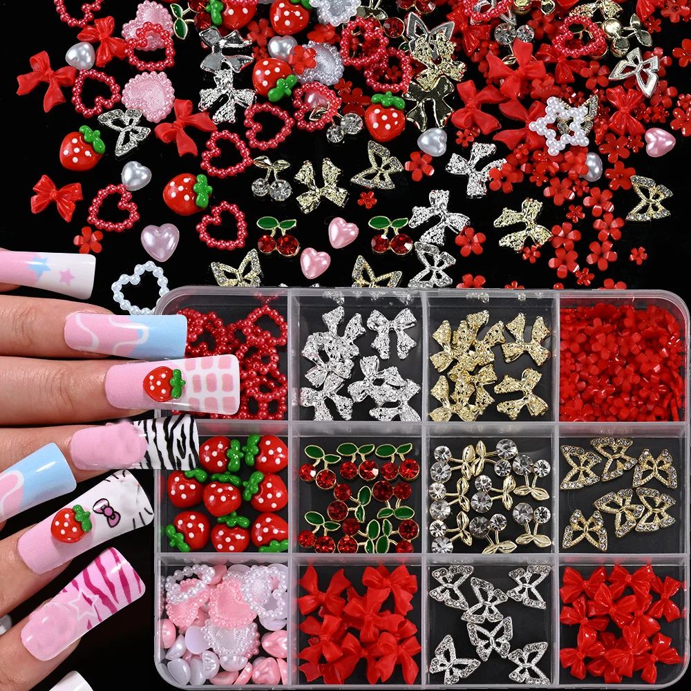 12 グリッド 3D 混合チェリー/イチゴ/弓ネイルラインストーン夏かわいい合金中空蝶/愛ネイルアートチャームマニキュア DIY 装飾