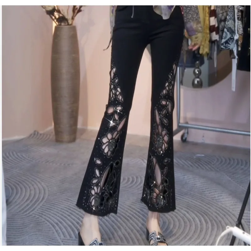 New Plus-size Heavy Industry Embroidery Hot Diamond High Waist Slimming Drape Flare Fashion Versatile Bootcut Jeans for Women