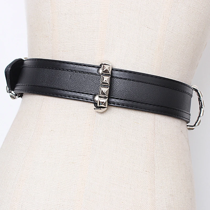 ECR Minimaliste Noir Pu Ceinture En Cuir Pour Femmes Patchwork Rivets Streetwear Solide Chic Ceintures Femme Accessoires De Mode Style Nouveau