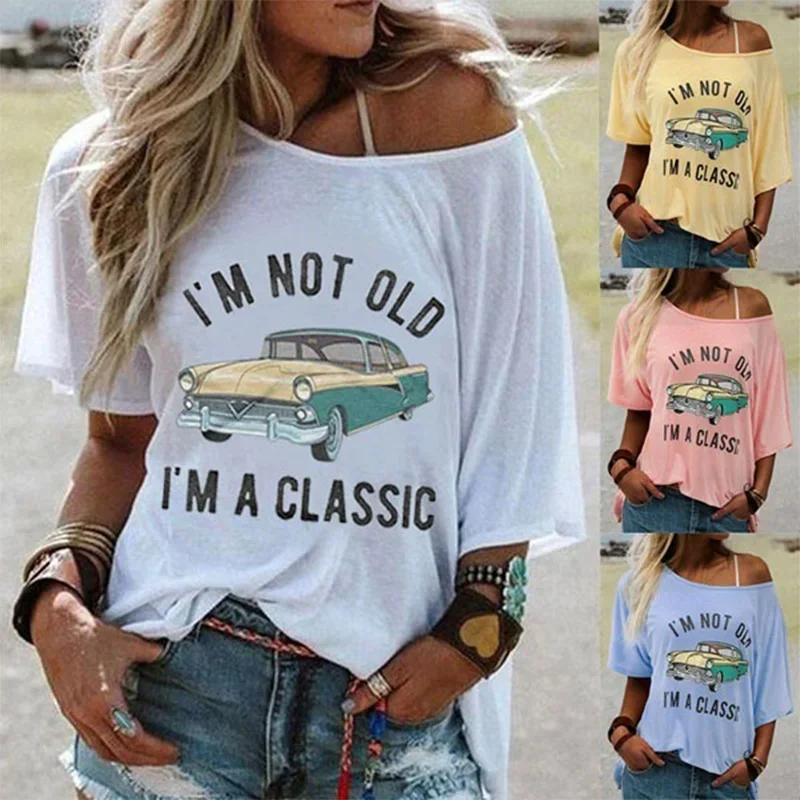 Graphic T-Shirt Solid Color Letter Car Tops for Woman Clothes Round Neck Short Sleeved Summer Casual Pullover