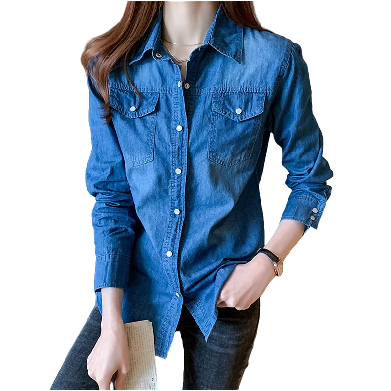 

Solid Casual Loose Denim Shirts Women Long Sleeve Denim Blouses Tops Button Female Vintage Camisa Jeans Feminina