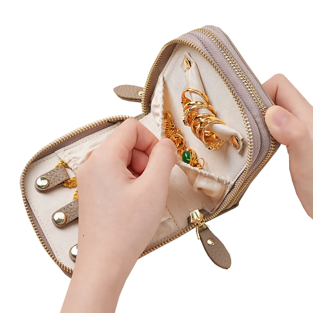 Genuine Leather Jewelry Organizer Bag for Women Double Zipper Wedding Jewelry Storage Pouch for Necklace Bracelet Ring