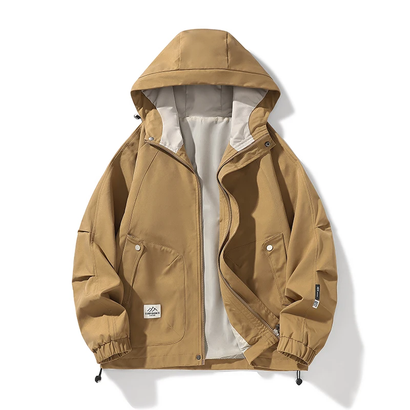 

Plus Size Men's Hooded Waterproof Jacket Black Bomber Camping Loose Thin Softshell Jacket New Outdoor Windproof Workwear Jacket
