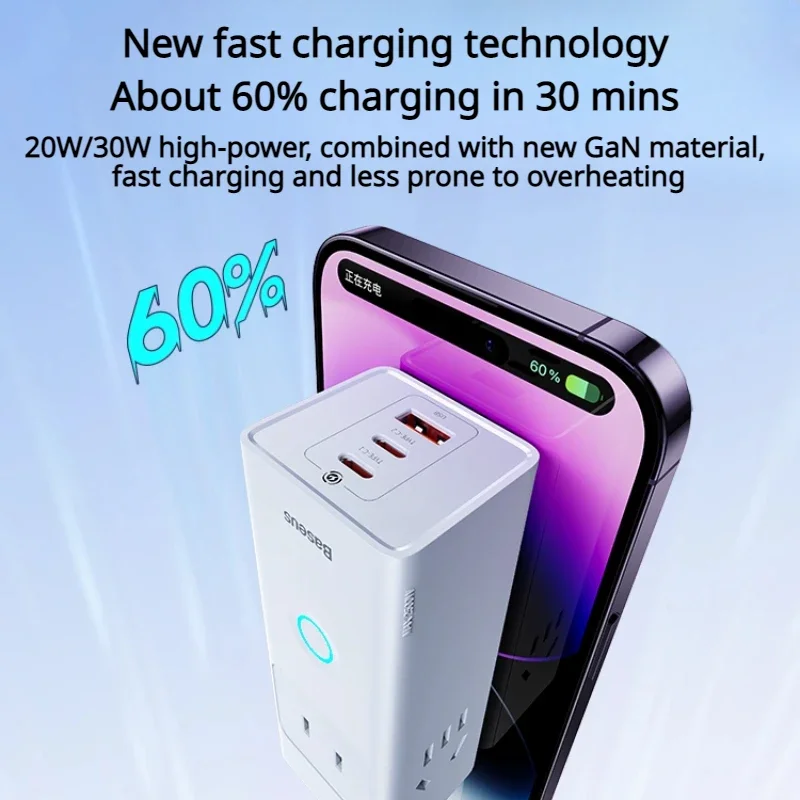 Baseus GaN 30W Charger Fast Charging Gallium Nitride 6in1 Usb Typec PD 1.5m Extension Socket Quick Charge for iPhone Huawei