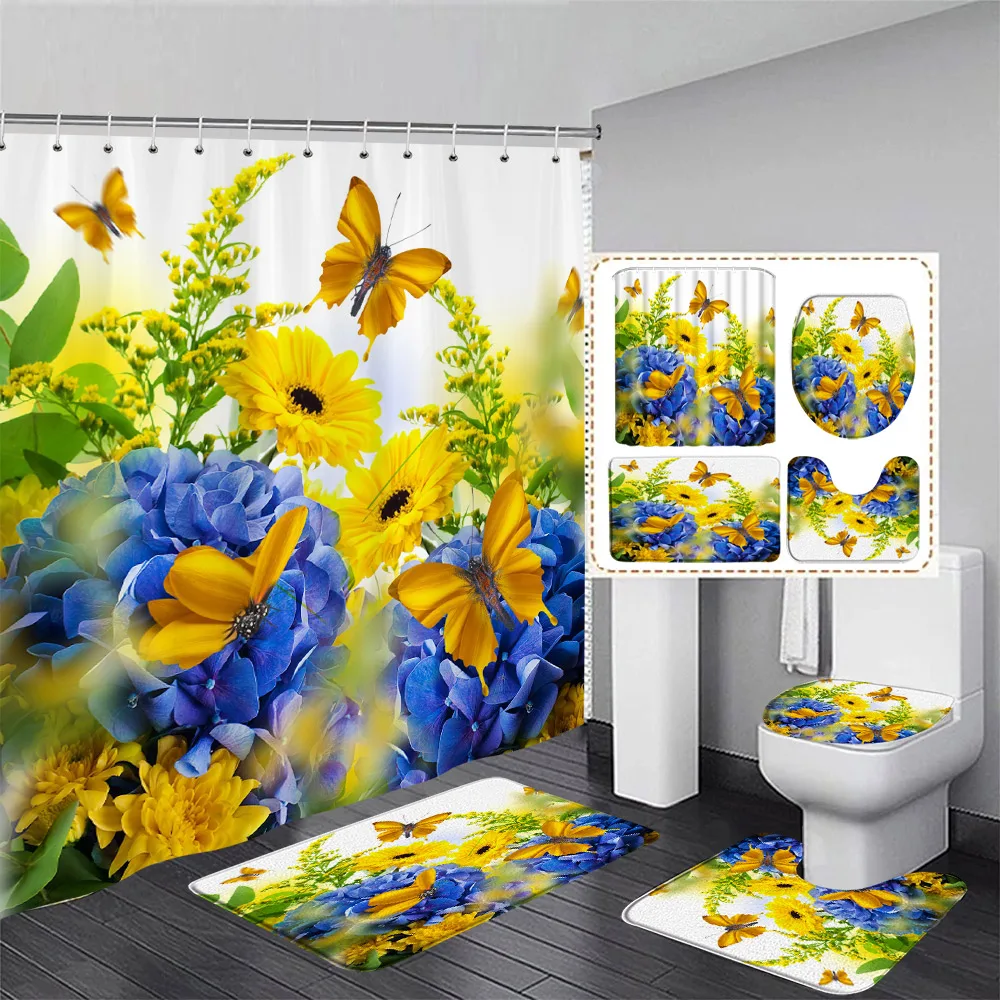 Butterfly Flowers Shower Curtain Set Yellow Blue Floral Plants Natural Scenery Bathroom Decor Carpet Floor Rugs Toilet Lid Cover