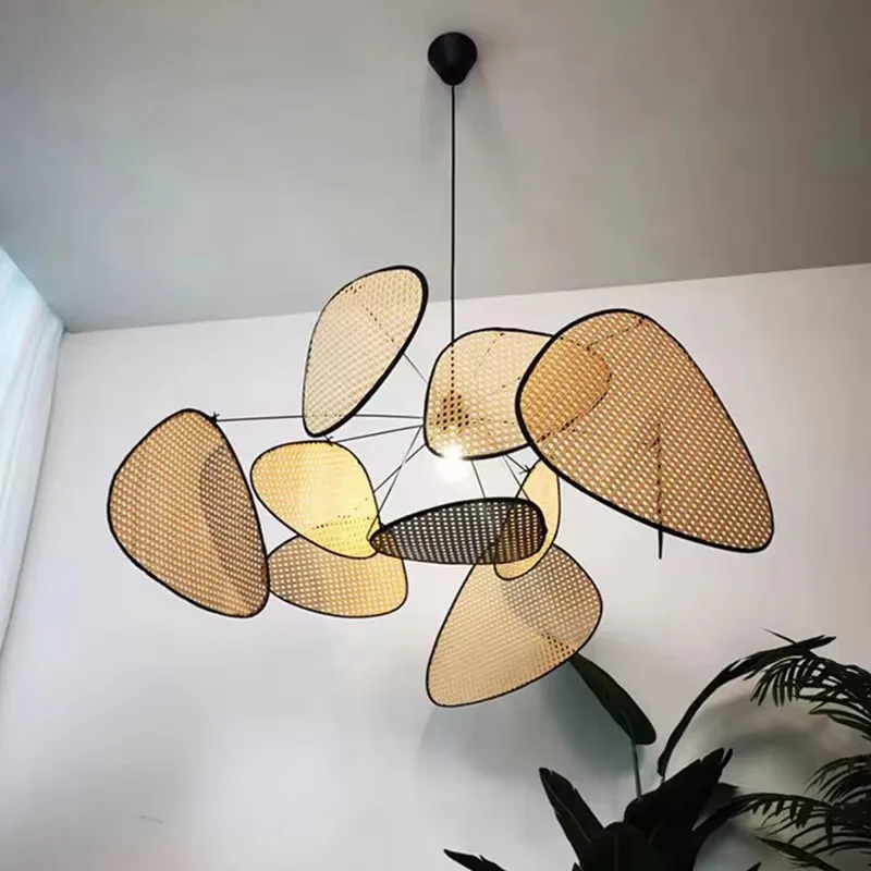

Screen Chandelier Rattan Wicker Lamp Screen Cannage Kitchen Leaf Grid Hand Wood Bamboo Lamp E27 Creative Dinning Room Light