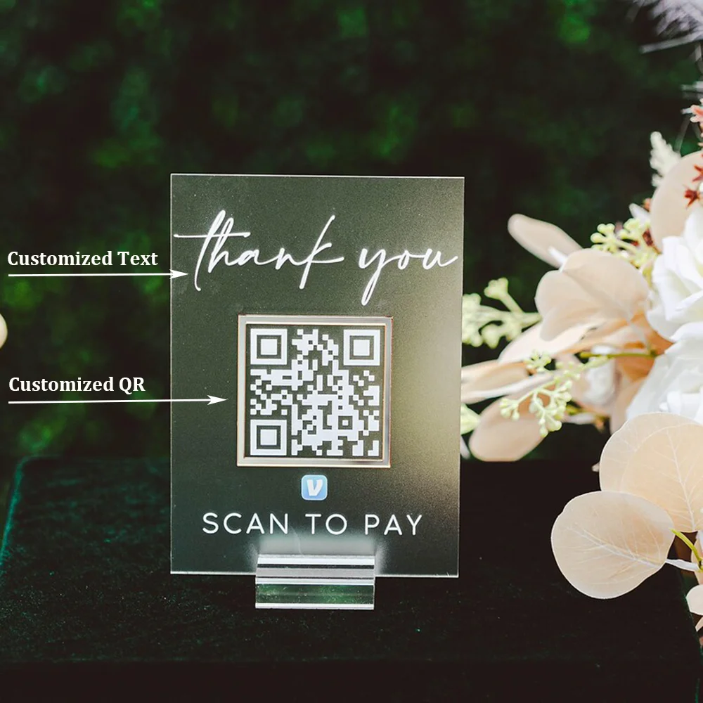 3D Thank You QR Code Decor Sign Scan To Pay Scannable For Retail Clear Glass Look Acrylic Plaque Instagram Hashtag Table Sign
