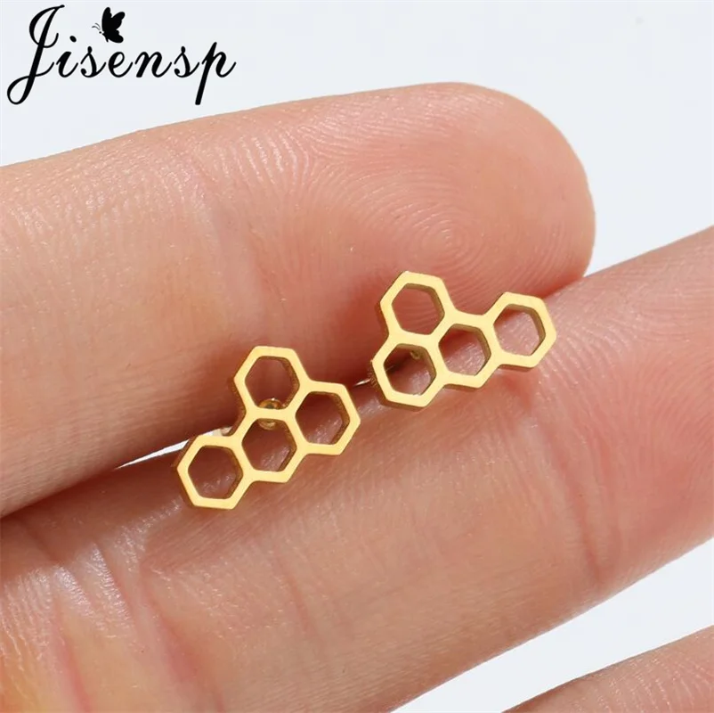 Jisensp Geometric Hollow Out Honeycomb Earrings Cute Bee Stainless Steel Earrings for Women Punk Cool Earring Party Gift