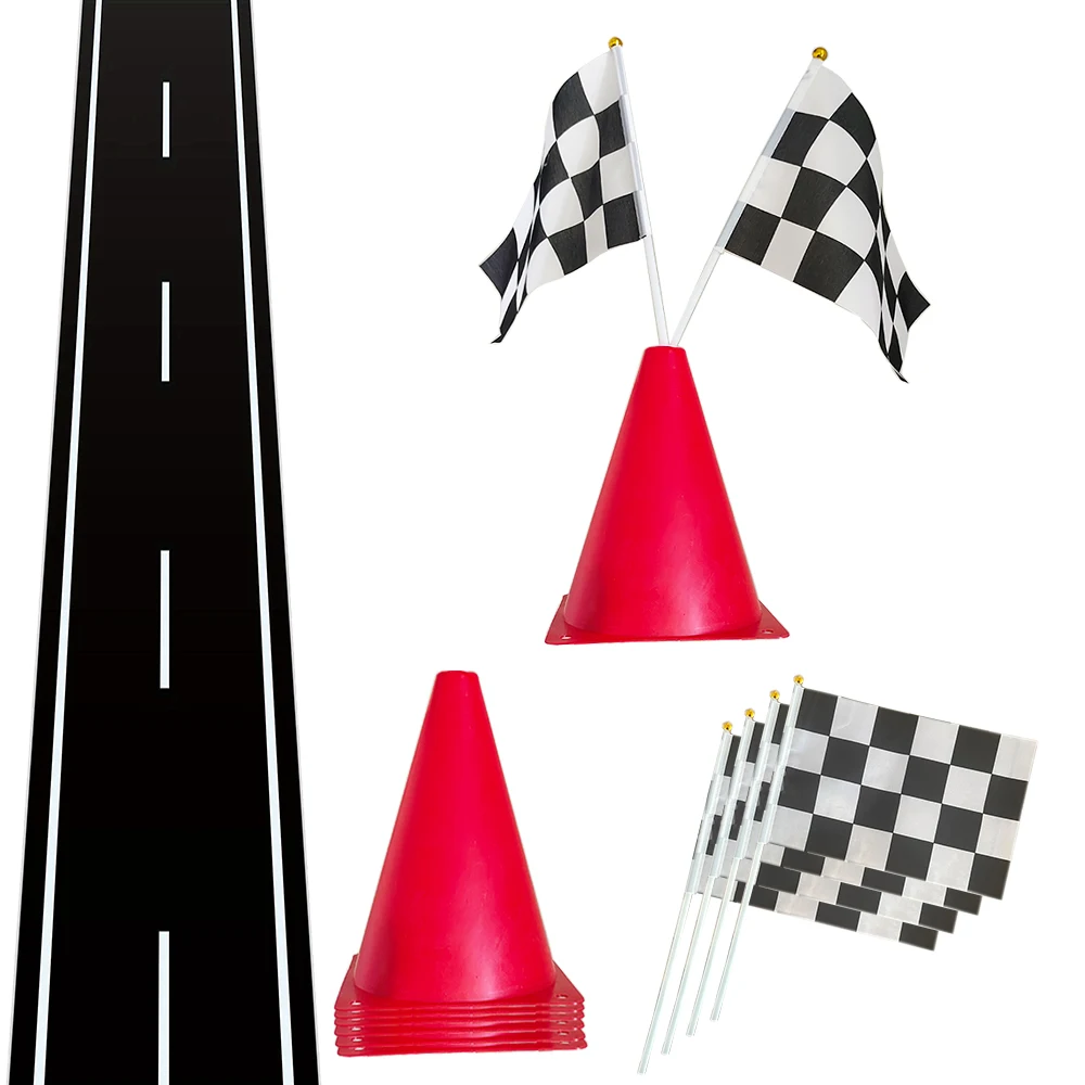 Race car road racetrack Traffic Cones Black White Racing Flags Kids Racing Themed Decoration Race Car birthday Party Supplies