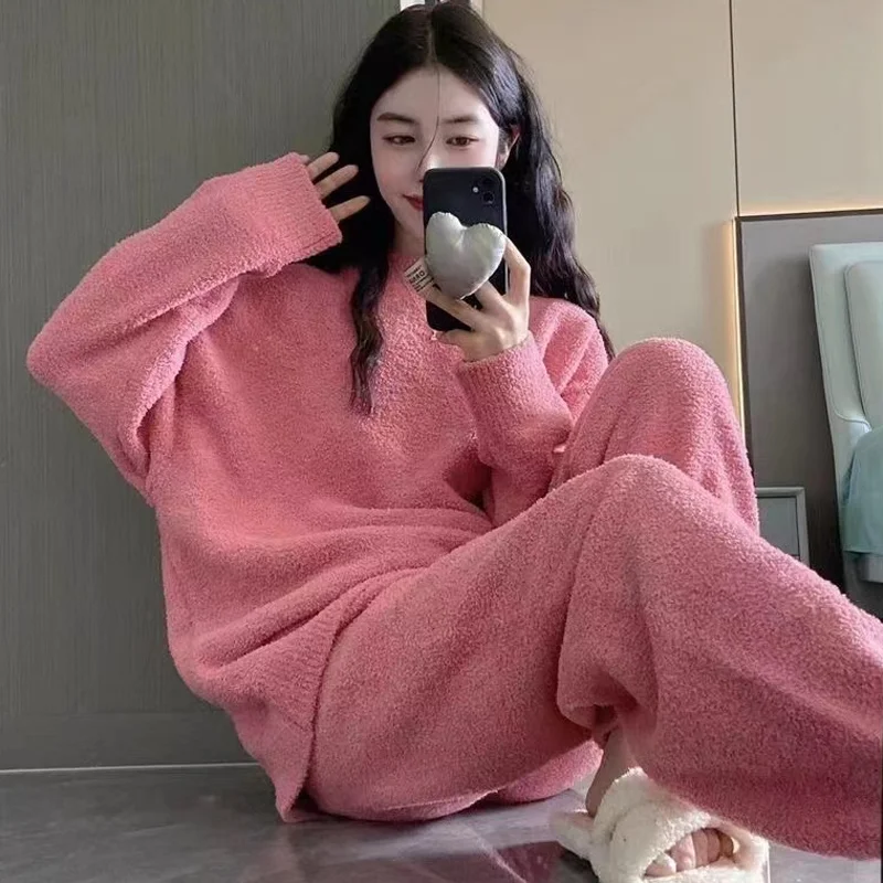 Autumn and Winter New Ms. Korean Senior Solid Color Pajamas Homewear Suit Girls Padded Thickened Plush Knitted Pajamas Homewear