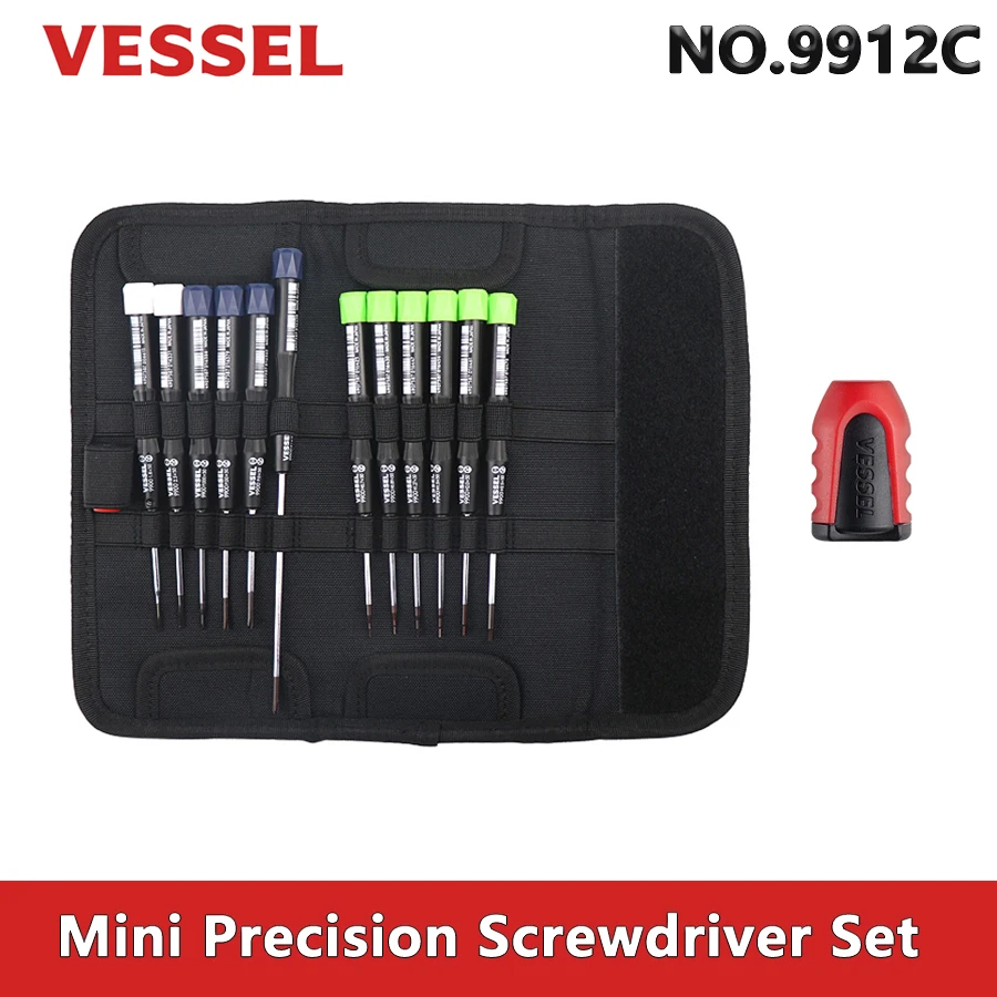 VESSEL 12Pcs Mini Precision Screwdriver Set for Phillips Slotted Hex with Screwdrivers Pouch and Magnetic Screw Holder NO.9912C