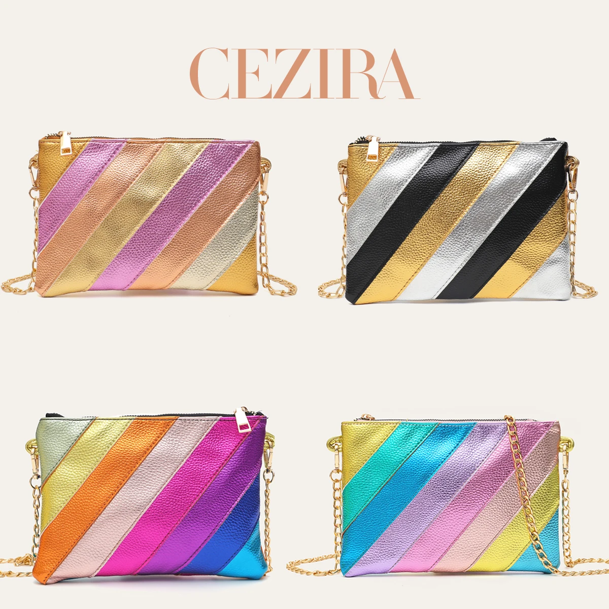 Luxury Funky Metallic Color Stripes PU Leather Handbag Women's Square Clutch Metal Chain Cross body Purse Fashion Y2K Party Prom