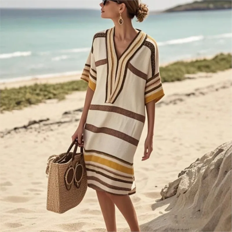 

Vintage Stripe Print Loose Midi Dress 2025 Summer New V-neck Half Sleeve Office Ladies Commute Elegant Dresses Beach Party Dress