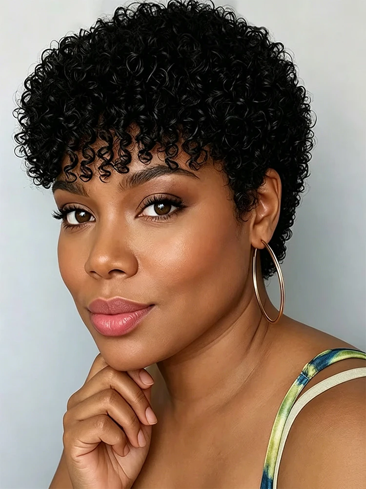 Afro Lockige Wellen-Echthaarperücke Kurzer Pixie-Cut Flauschige Jerry-Locken Perücken für Frauen Echthaarperücke Maschinell Gefertigt 180% Dichte
