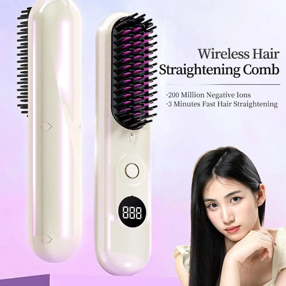 

New Wireless Hair Straightener Type-C 3 Temp Settings Straight Hair Comb LCD Display Mini Straightening Comb