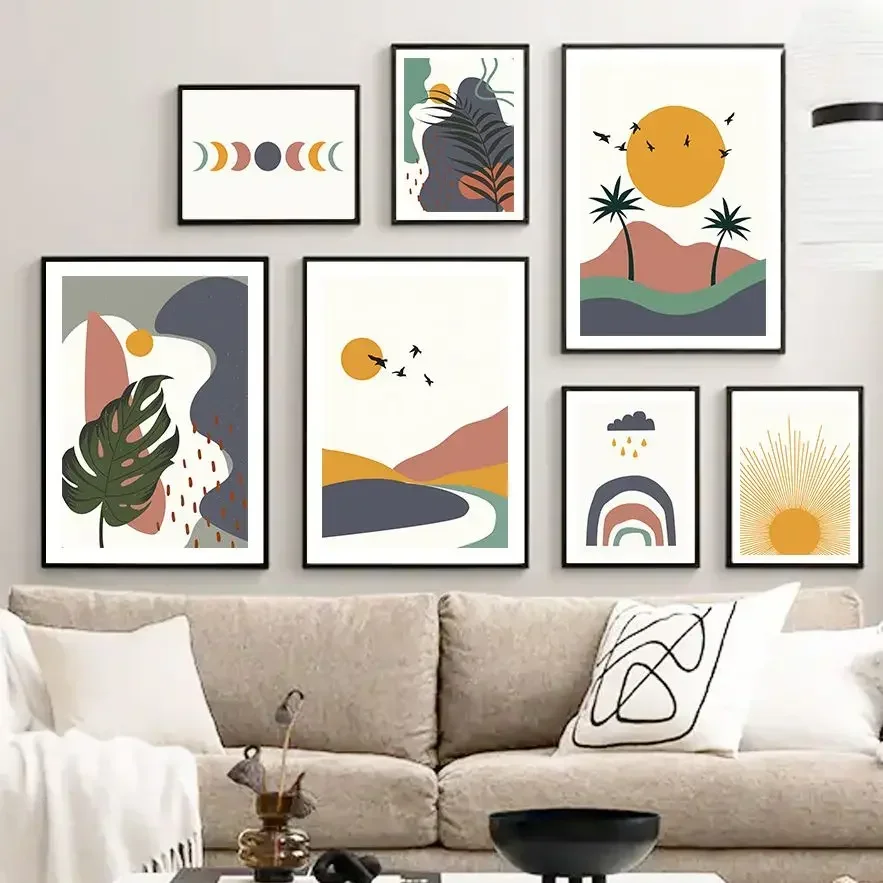 Mountain Sun Moon Tropical Leaf Plant Boho Minimalist Wall  Print Canvas Painting Posters for Living Room Modern Home Decor