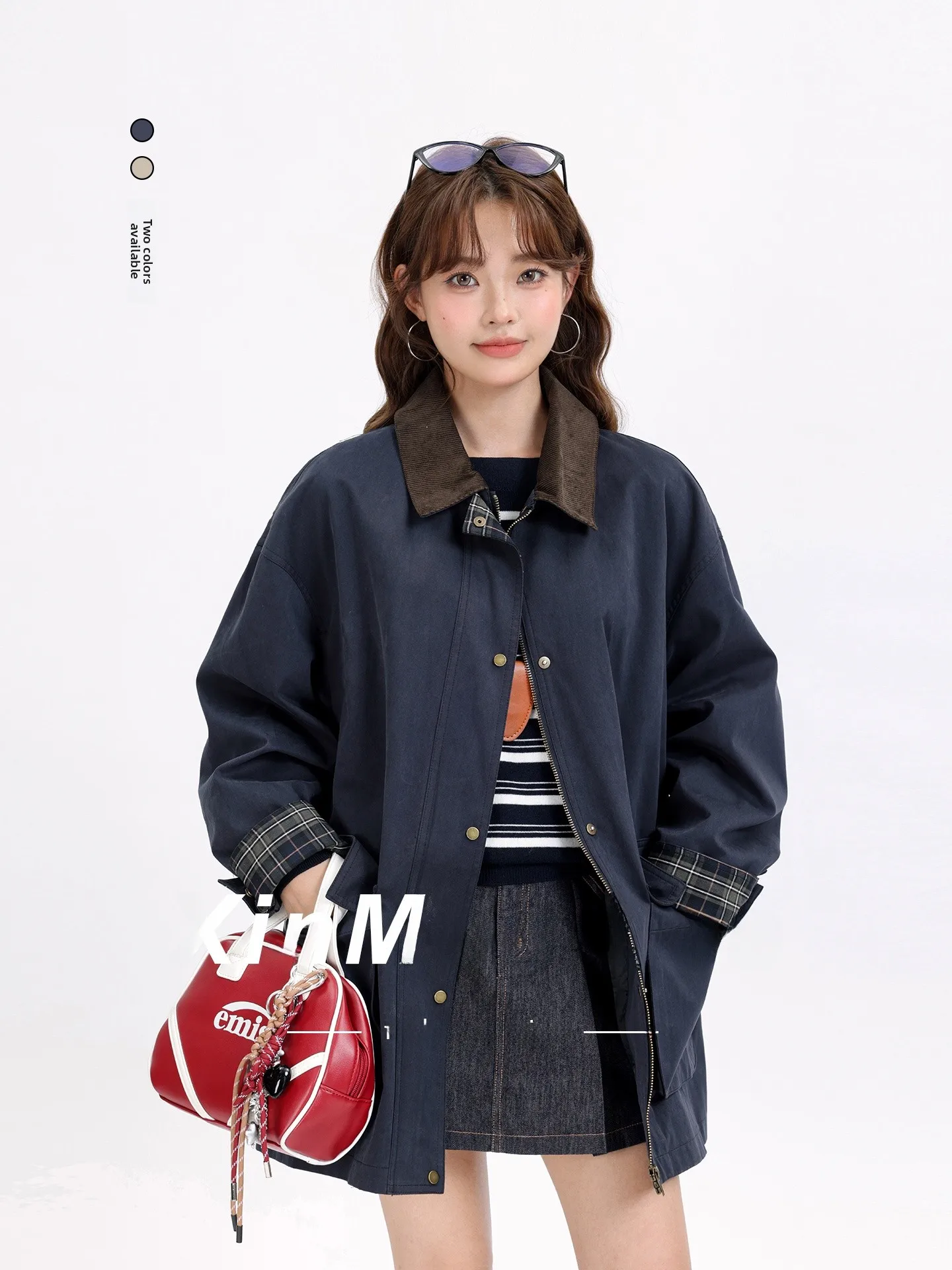 

Ретро-пальто в американском и корейском стиле с клетчатыми вставками, повседневное, свободного кроя, средней длины, для осени и...