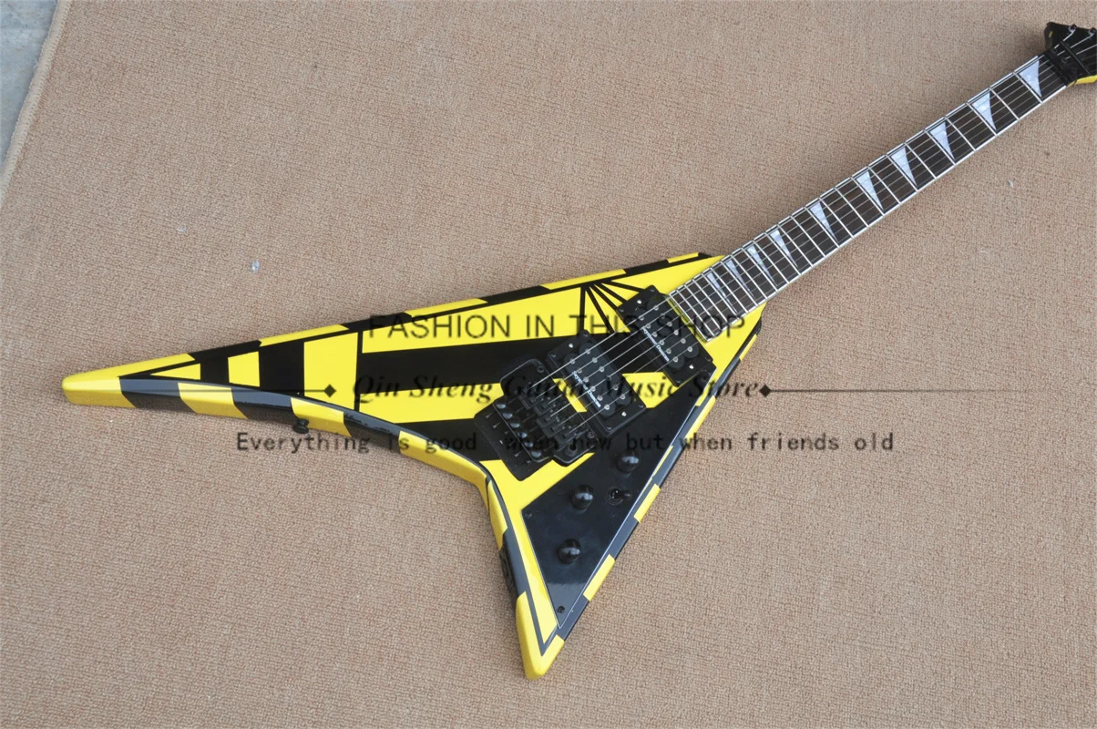 Black-yellow electric guitar, V-shaped guitar, tremolo bridge, black and yellow striped body, HH pickups, rosewood fretboard