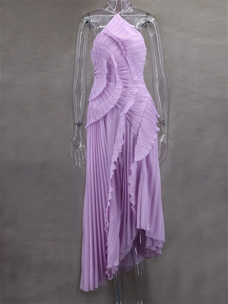 Ruched babados elegante maxi vestido feminino halter fora do ombro sem costas divide robe verão moda sólida longo bodycon