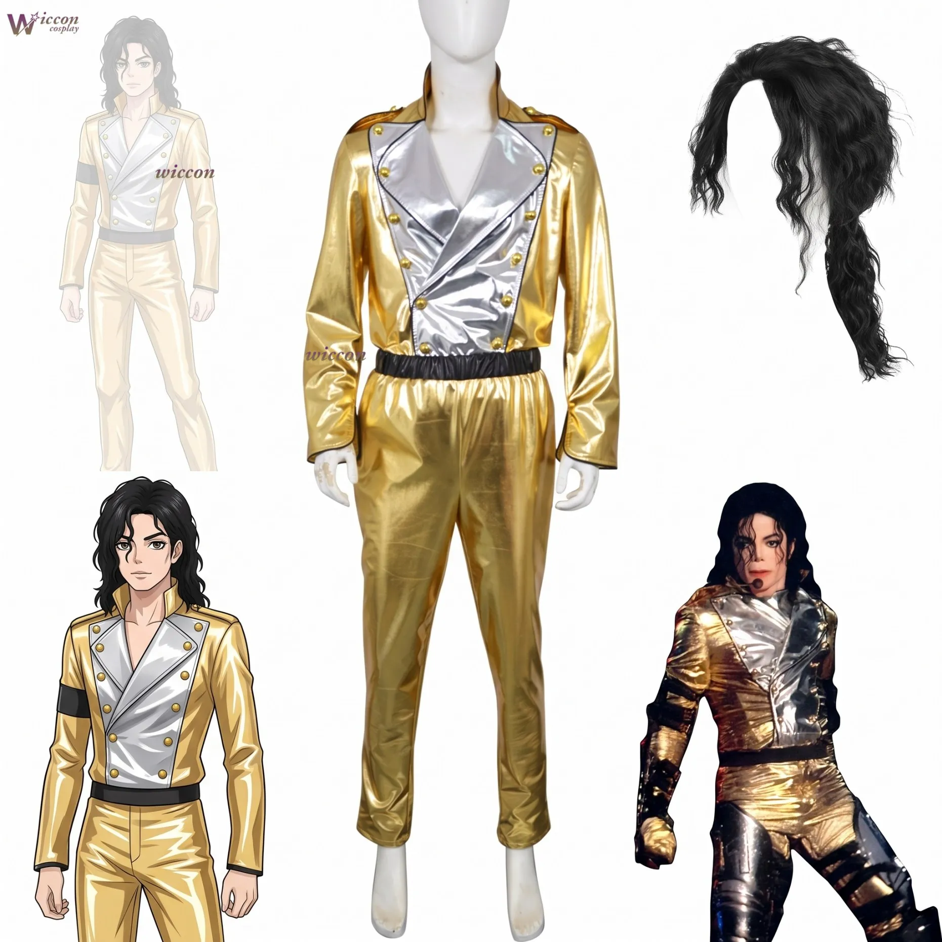 Cos C COS Michael Jackson Historisches Auftritts-Outfit Gelbe Goldjacke Hose Handschuhe MJ History Goldenes Set Kostüm Halloween Cosplay