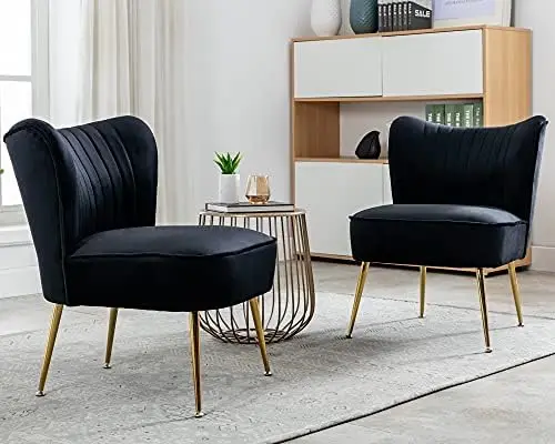 Ensemble de 2 chaises d'appoint en velours, canapé à oreilles noires avec pieds pour salon, chambre à coucher