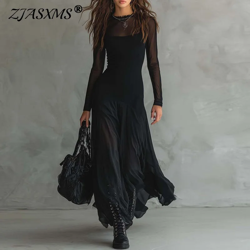 2026 Spring Patchwork Sheer Mesh Women's Maxi Dress Elegant O Neck Hollow Out Party Dresses Autumn Long Sleeve A-Line Long Dress