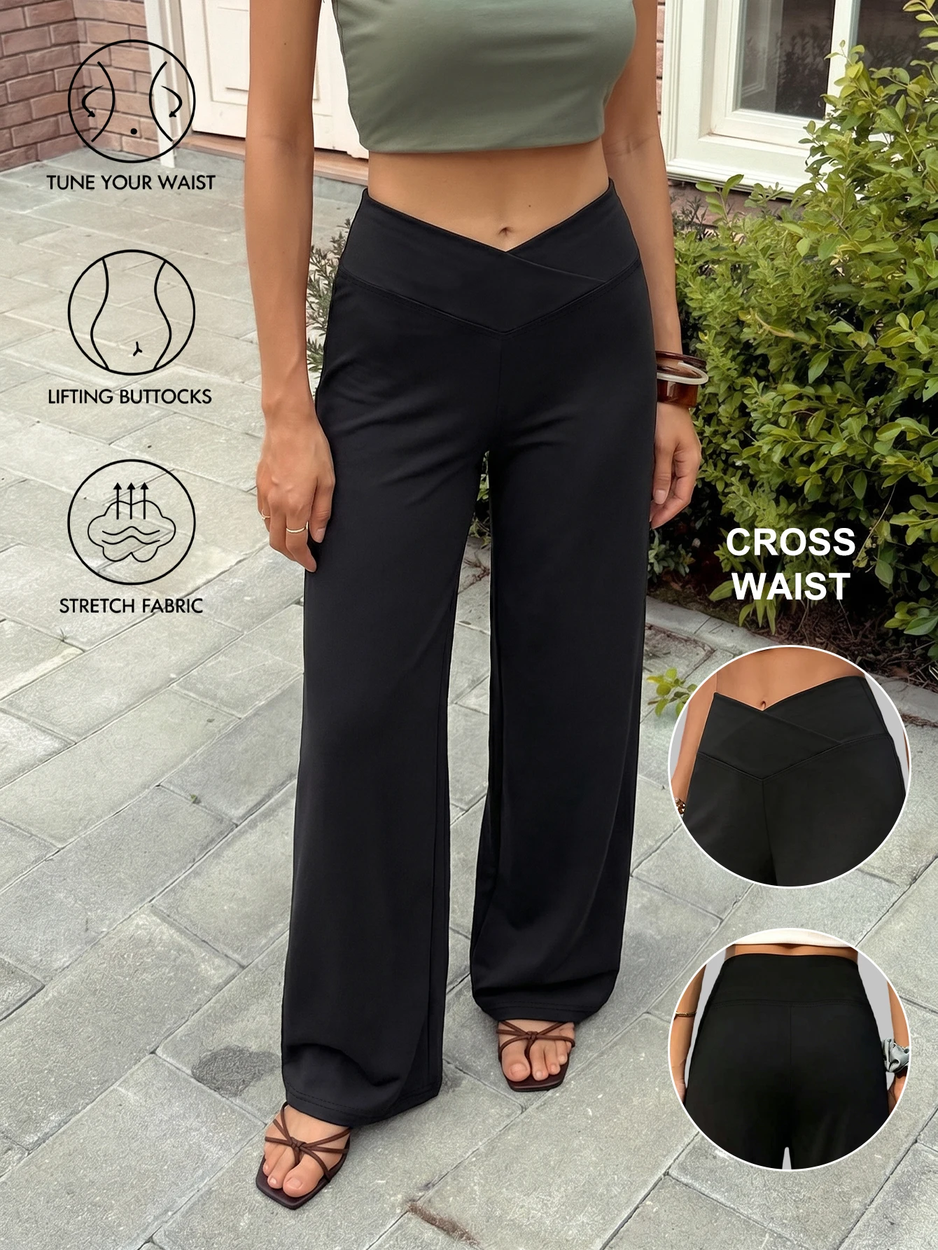 Damen-Hose mit hoher Taille und geradem Bein, Cross-Waist-Hose mit weitem Bein, modisches Cross-Waist-Design, tägliches Outfit, weich und bequem, aus Poly