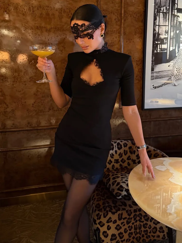 

Tossy Fashion Lace Black Mini Dress Female Hollow Out Patchwork Short Sleeve Slim High Waist Party Dress Women's Summer Dress