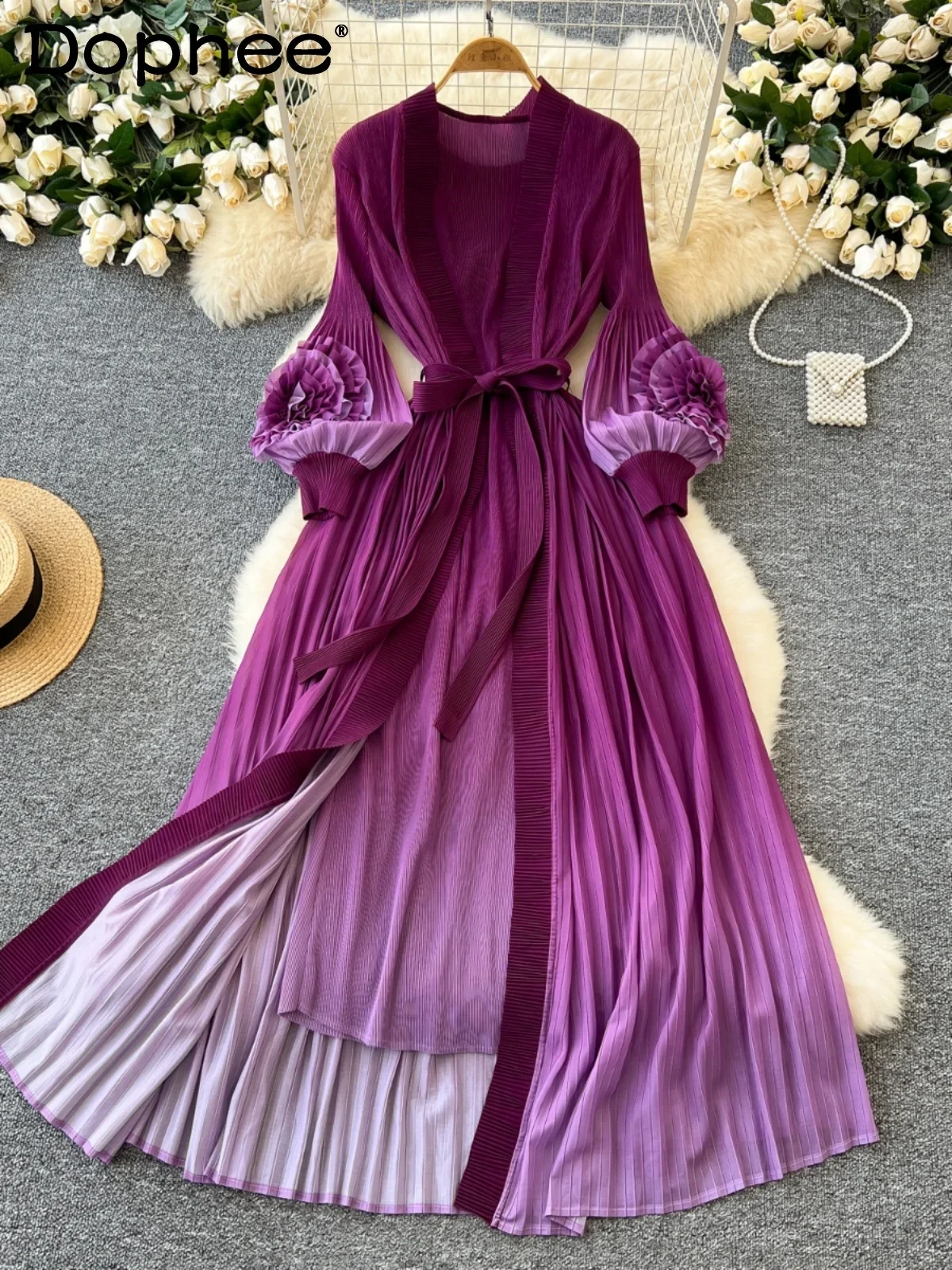 

Three-dimensional Flower Lantern Sleeve Strap Waist Long Shawl Jacket and Dress Two-piece Sets Women's Outfits 2024 Autumn New