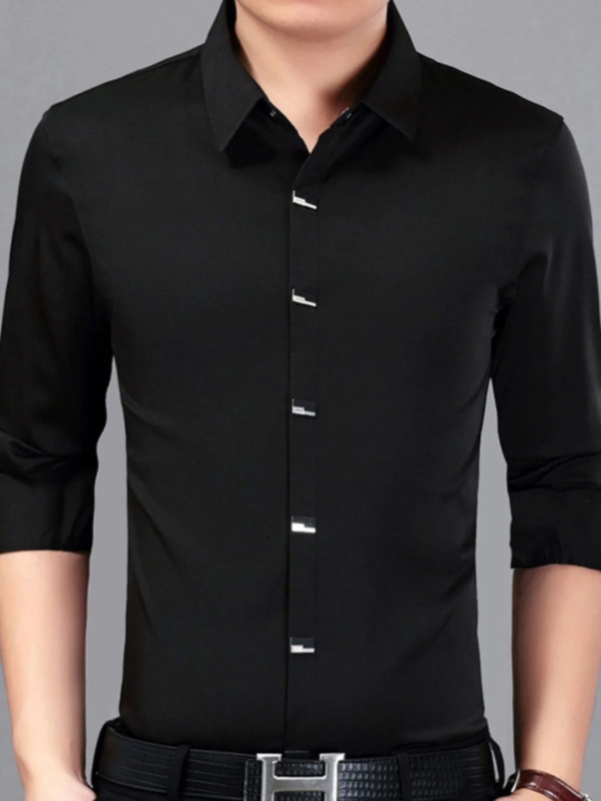 

Мужская рубашка с длинным рукавом для весны и осени, повседневная, эластичная, однотонная, приталенная, в корейском стиле, деловая, модная, городская.
