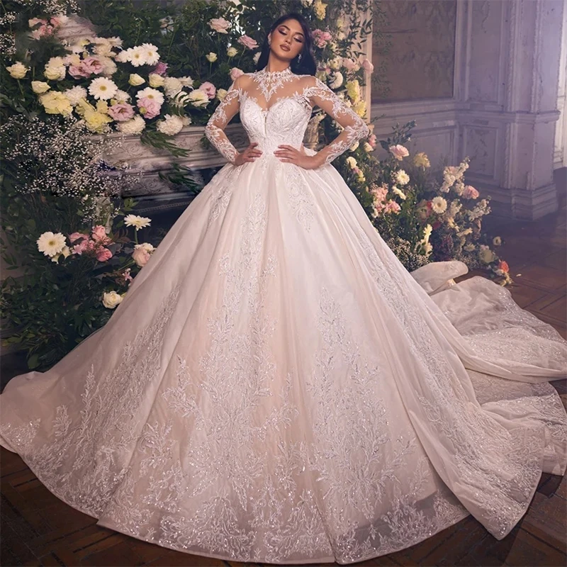

2026 New Wedding Dress High-Neck Full Sleeve Embroidered Lace Tulle Bride Bridal Gowns vestidos de noiva
