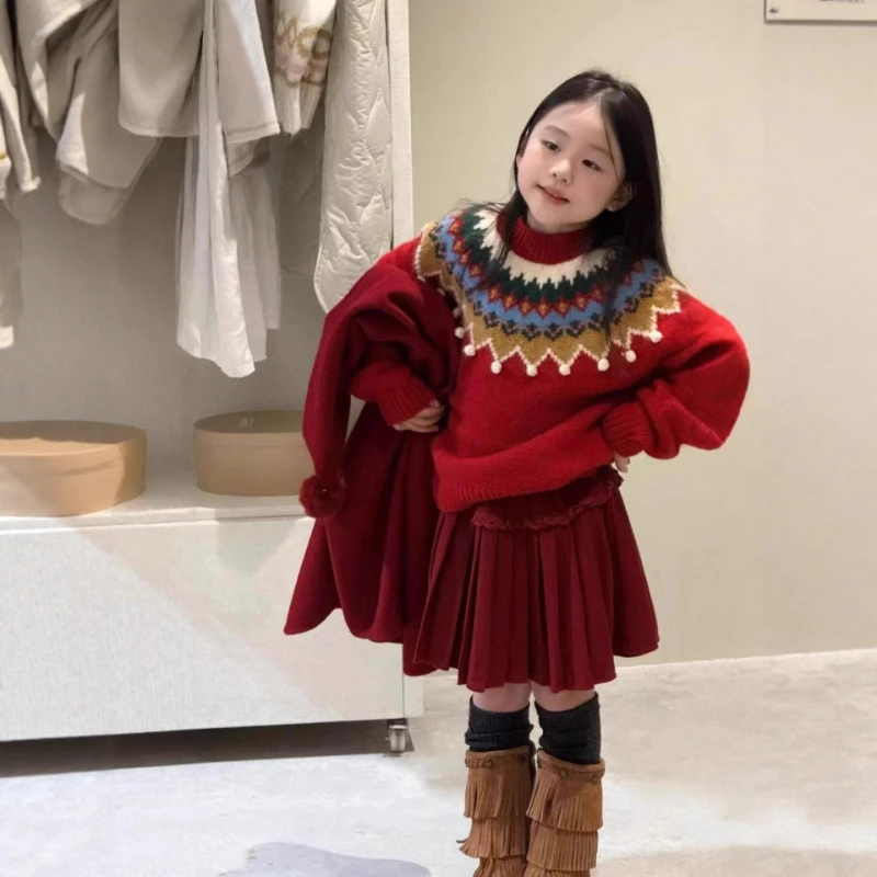 

Fair Isle Christmas Sweater, Girls Vintage Plush Knit Top Toddler Loose Fit Cozy Chic Winter Wear