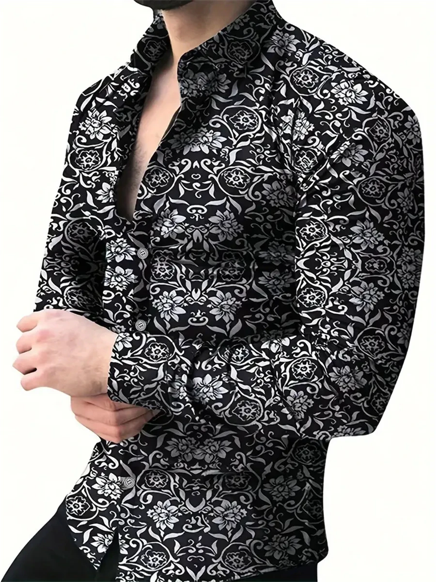 

Popular men's printed long-sleeved shirts casual retro clothing medieval style high quality men's full size lapel tops