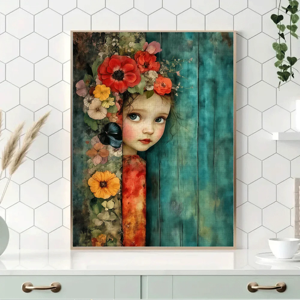 จิ๊กซอว์ภาพเด็กหญิงดอกไม้แอบมองผ่านช่องไม้ 1000 ชิ้น - สีสันสดใส ปริศนาท้าทายสมองสำหรับผู้ใหญ่และครอบครัว งาน DIY