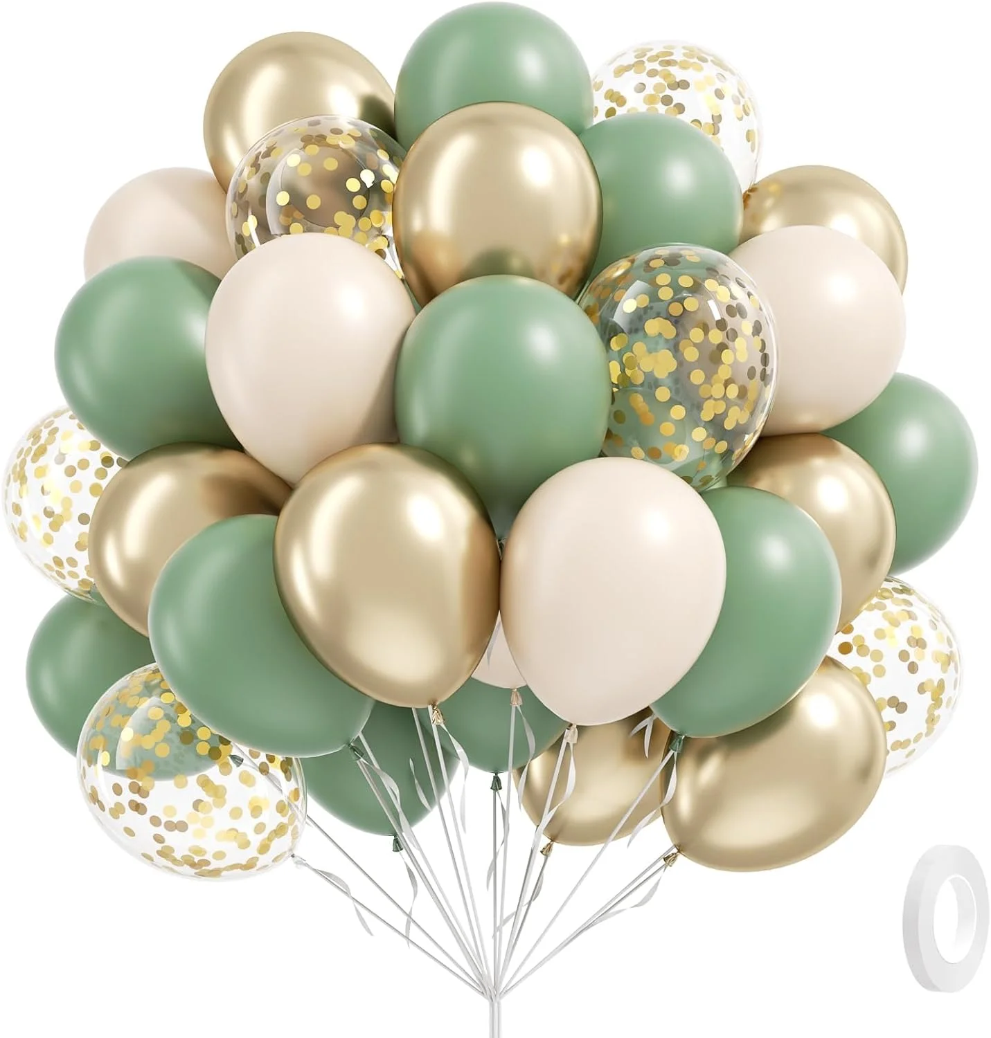 60 Stück Salbeigrüne, Sandweiße und Metallisch-Goldene Konfetti-Ballons für Boho-Geburtstag, Hochzeit, Brautparty, Babyparty, Verlobungsfeier-Dekoration