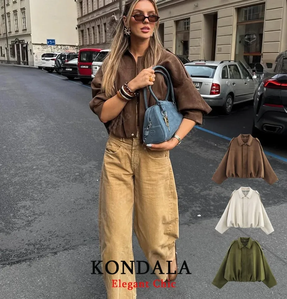 

KONDALA Women Fall Casual Loose Jacket Vintage Brown Zipper Jacket Coat 2025 Fashion High Street Elegant Versatile Lady Jacket